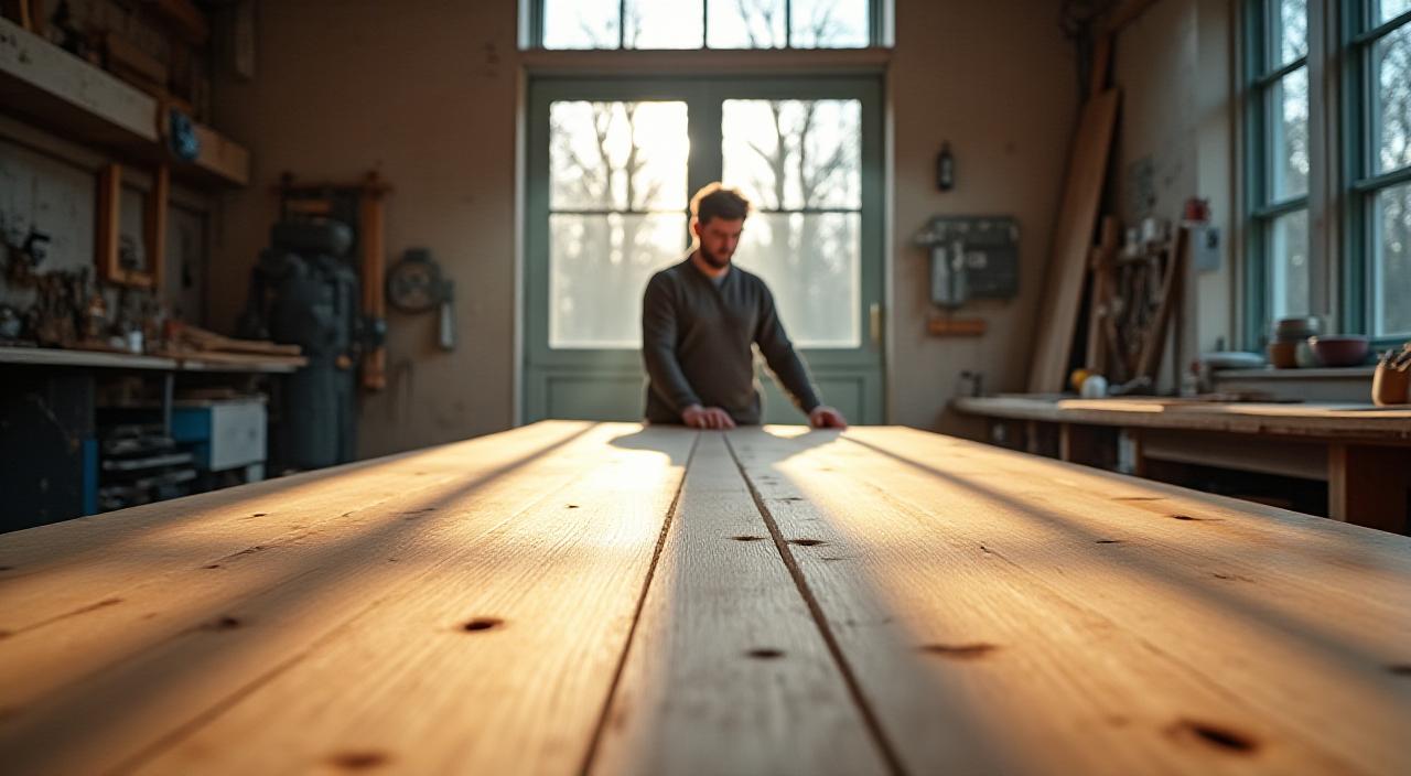 En møbelsnekker ved EosCraft som jobber med et massivt eikebord i Oslo-verkstedet