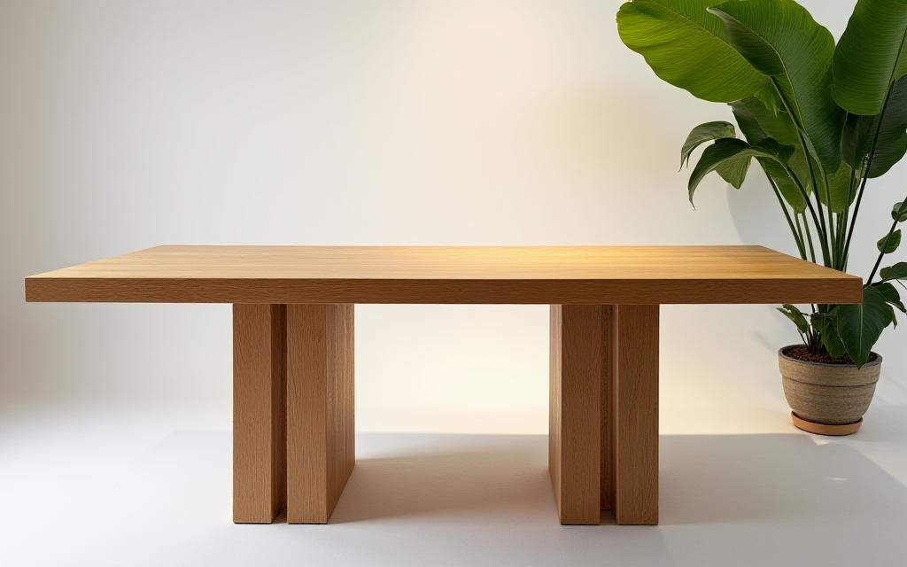 Nærbilde av håndlaget spisebord i eik