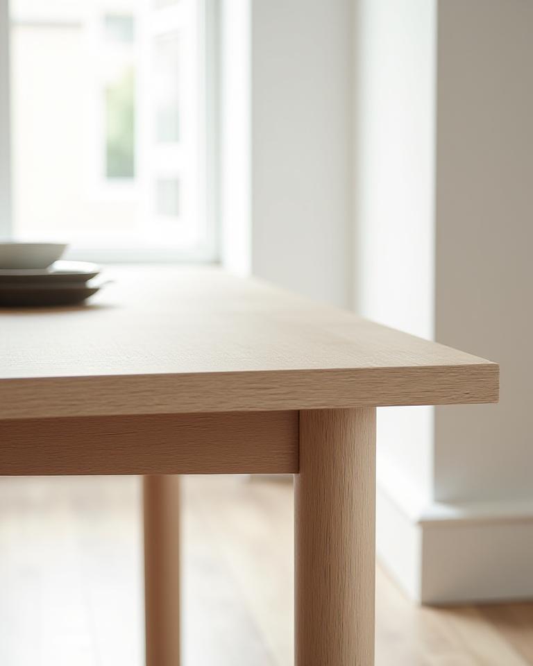 Et håndlaget spisebord i lys eik med intrikate svalehaleføyninger